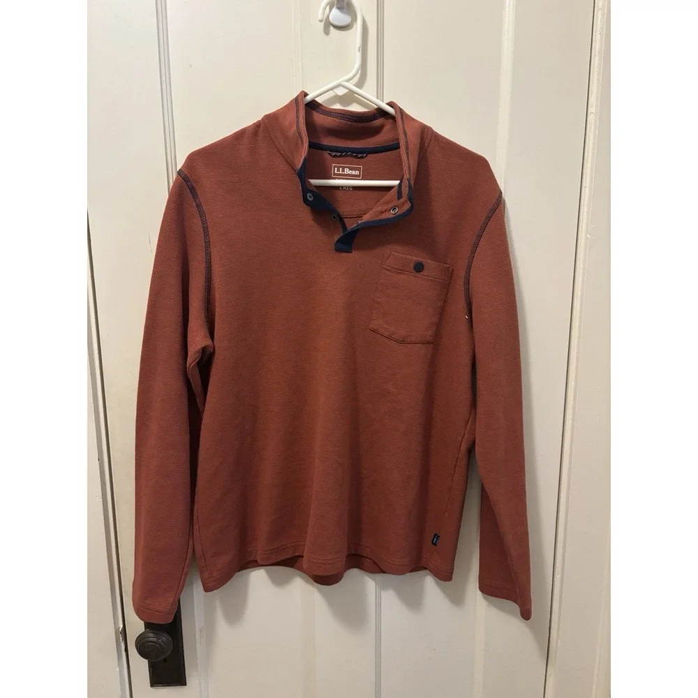 LL Bean‎ Mens Slightly Fitted Snap Mock Neck Pullover Rust Orange L REG